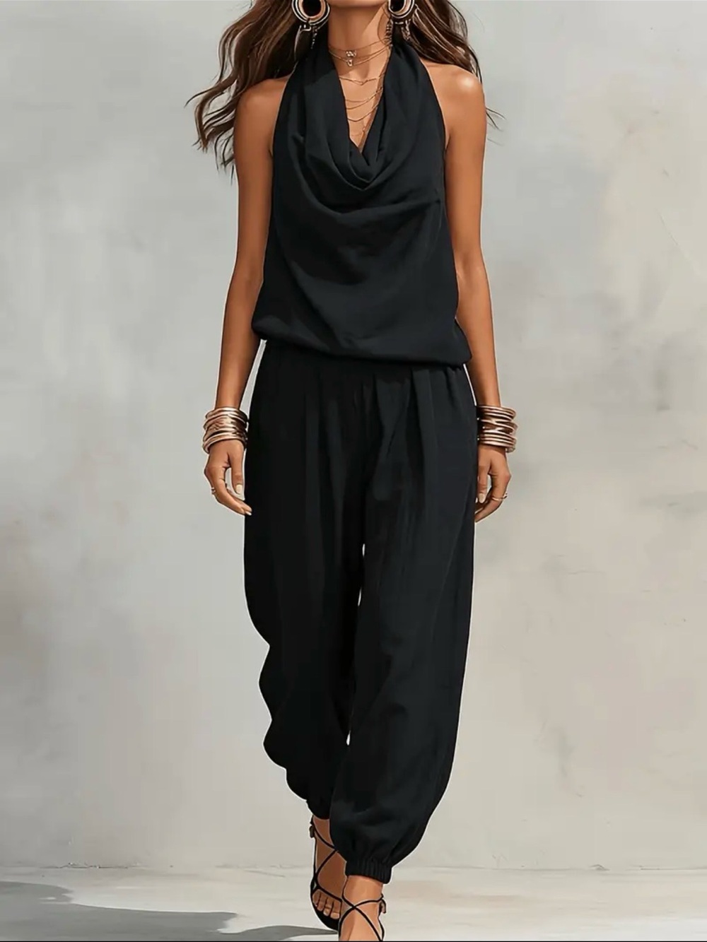 Women’s 2 piece Black Halter linen Jumpsuit. - Picture 3 of 8